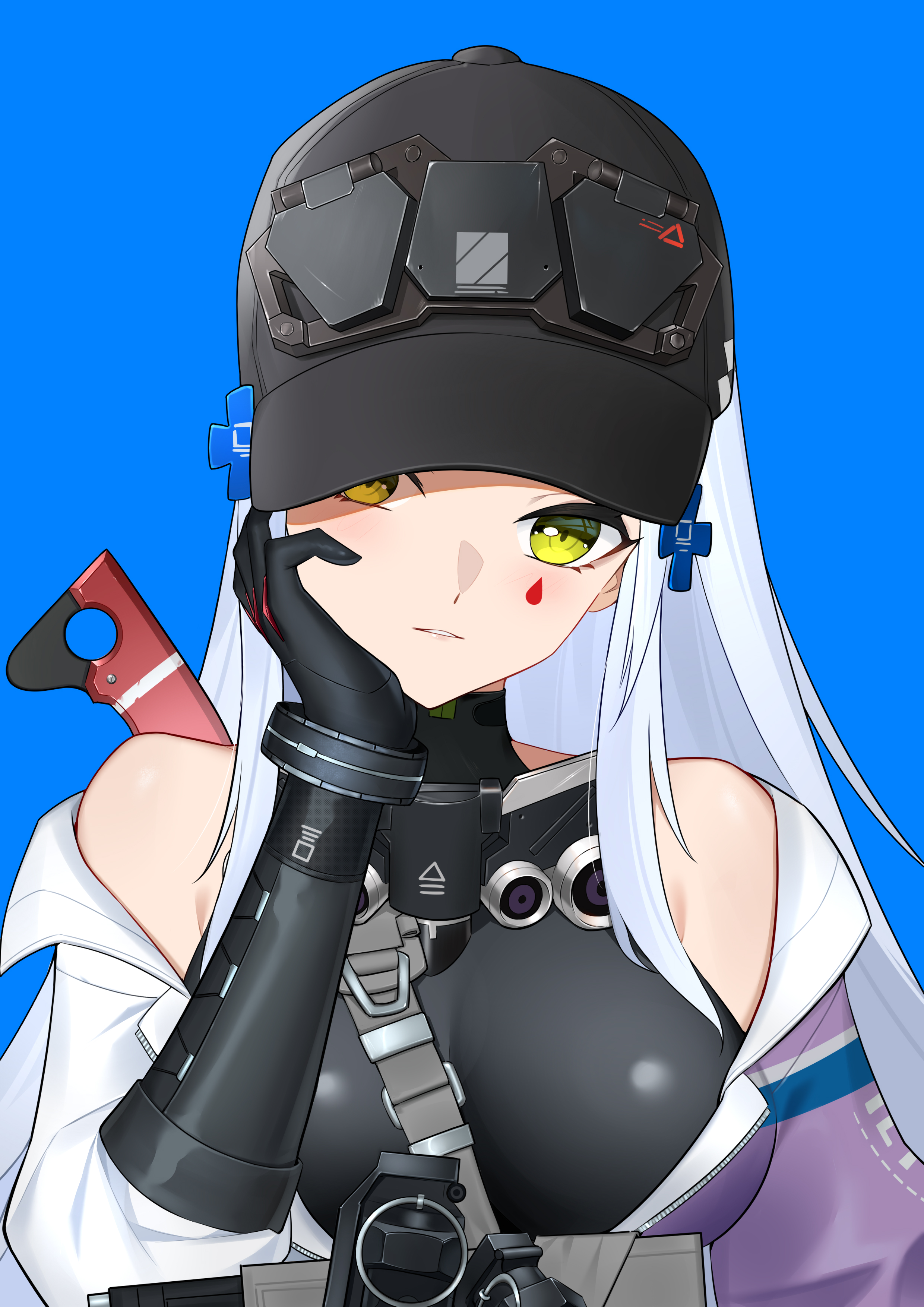 taoyan lajiaomian, hk416 (girls' frontline), klukai (girls' frontline 2), girls' frontline, girls' frontline 2: exilium, absurdres, chinese commentary, commentary request, highres, revision, 1girl, arm support, baseball cap, black hat, blue background, breasts, cross hair ornament, flashbang, green eyes, hair ornament, hand on own face, hat, head tilt, jacket, long hair, looking at viewer, multicolored jacket, off shoulder, parted lips, purple jacket, solo, tattoo, teardrop facial mark, teardrop tattoo, two-tone jacket, upper body, white hair, white jacket