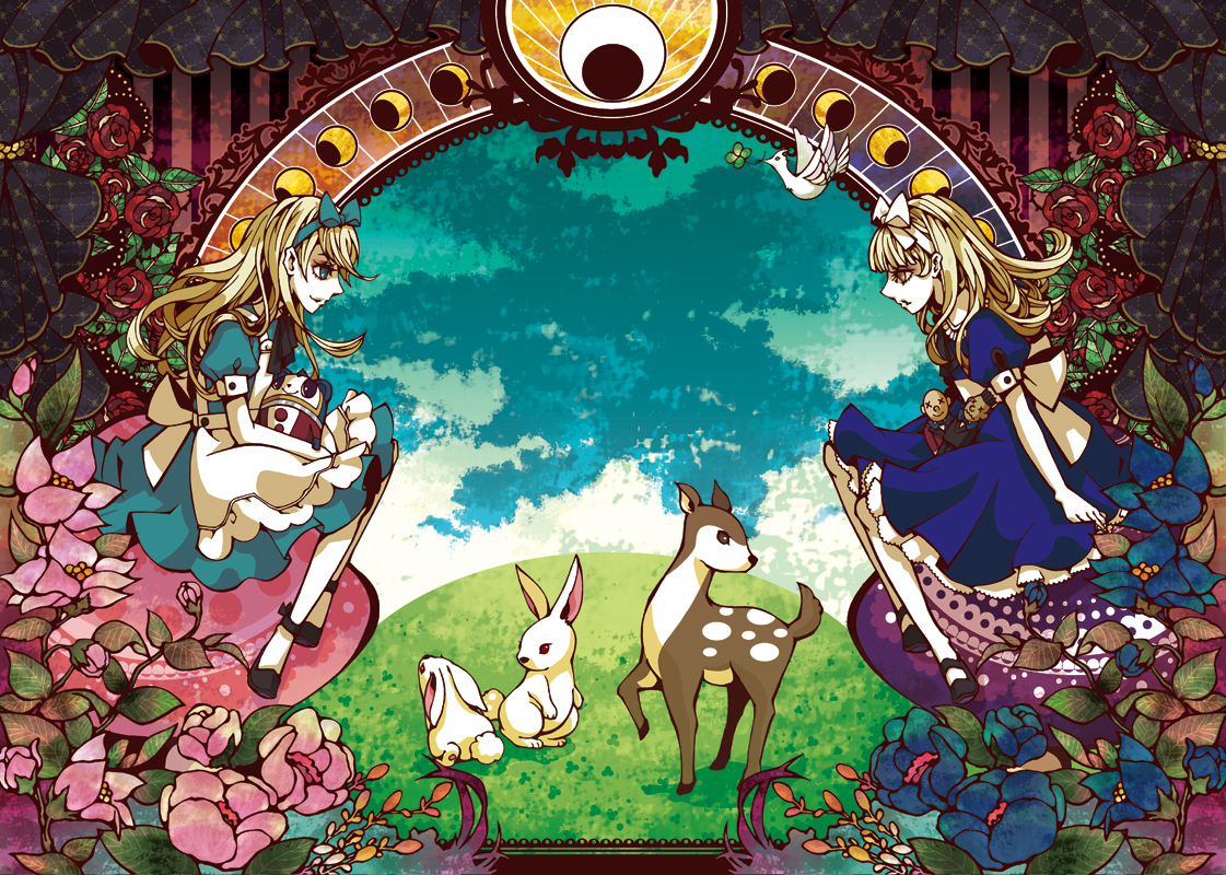 imatomo mahya, alice (alice in wonderland), alice (megami tensei), belial (megami tensei), kuma (persona 4), nebiros (megami tensei), alice's adventures in wonderland, atlus, persona, persona 4, 1boy, 1girl, alice (alice in wonderland) (cosplay), apron, art nouveau, blonde hair, blue eyes, character doll, cosplay, crossdressing, deer, demon (megami tensei), doll, dress, flower, hair ribbon, long hair, pantyhose, peony (flower), profile, rabbit, red flower, red rose, ribbon, rose, sitting, trap, yellow eyes