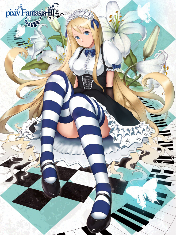 kuro (pixiv122395), xxkuroxx, pixiv fantasia, pixiv fantasia 3, bad id, bad pixiv id, 1girl, blonde hair, blue eyes, breasts, bug, butterfly, checkered floor, female focus, floor, flower, foreshortening, gigandal federation, hair spread out, head tilt, insect, instrument, keyboard (instrument), lace, large breasts, lily (flower), long hair, looking at viewer, perspective, puffy sleeves, shoes, sitting, skirt, solo, striped clothes, striped thighhighs, thighhighs, very long hair
