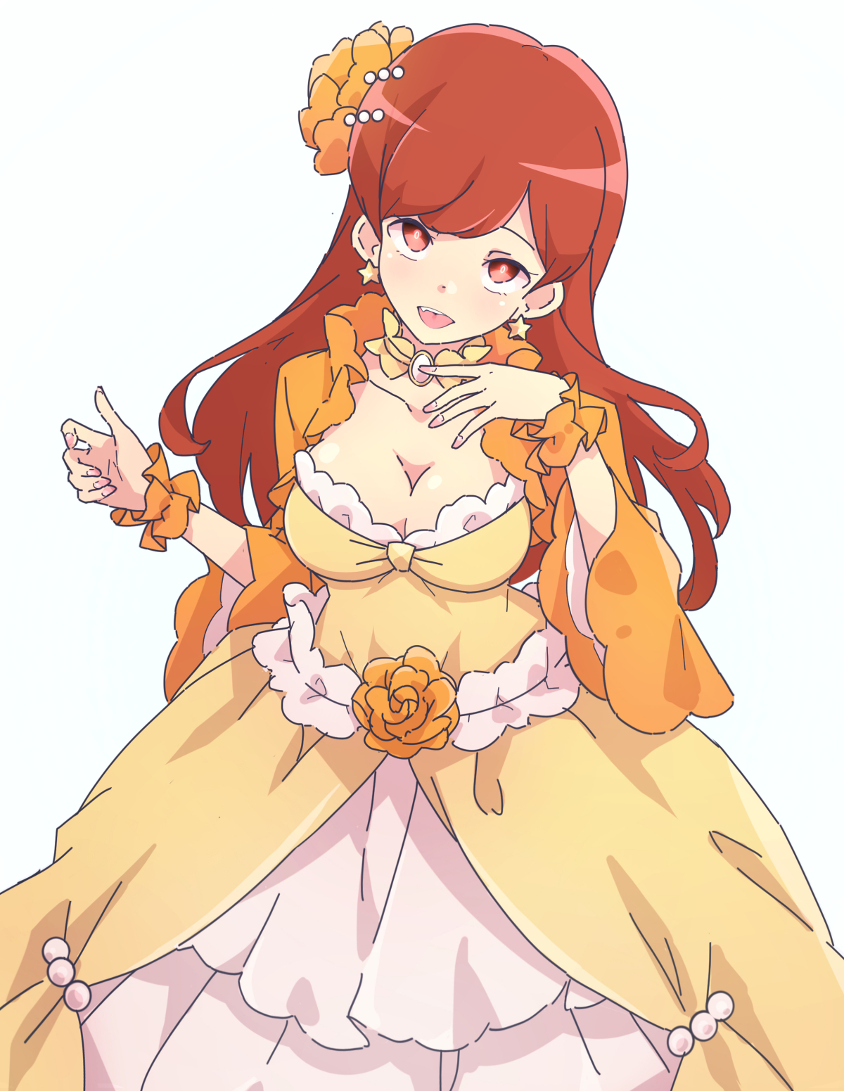 lone exiler, mary hunt, otome game no hametsu flag shika nai akuyaku reijou ni tensei shite shimatta, highres, 1girl, breasts, brown hair, choker, cleavage, collarbone, dress, flower, frilled choker, frilled dress, frills, hair flower, hair ornament, long dress, medium breasts, orange eyes, scrunchie, solo, standing, white background, wide sleeves, wrist scrunchie, yellow dress