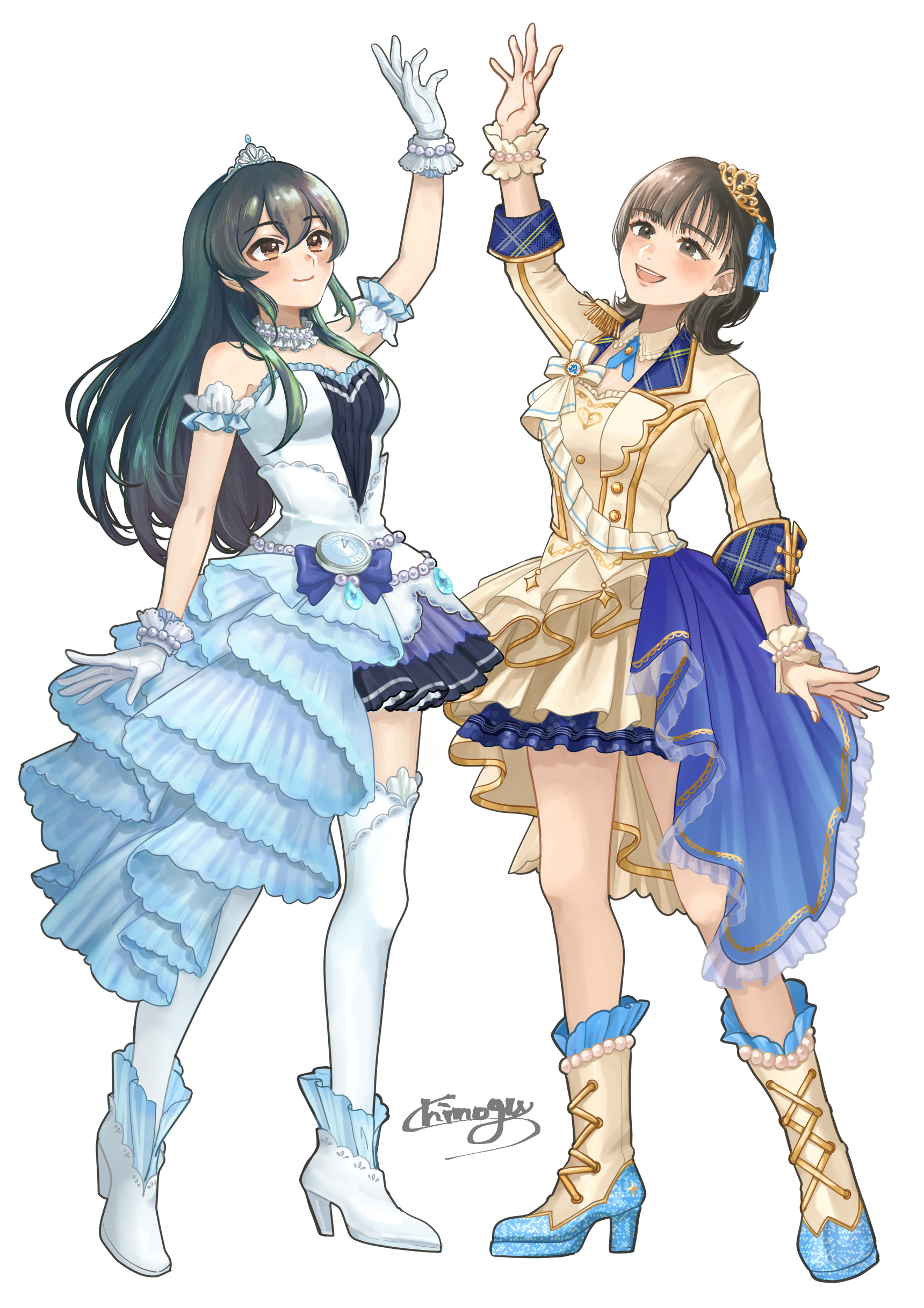 shinogugu, ohishi izumi, idolmaster, idolmaster cinderella girls, absurdres, highres, 2girls, arm up, bare shoulders, black eyes, black hair, brown eyes, long hair, multiple girls, short hair, starry sky bright (idolmaster)
