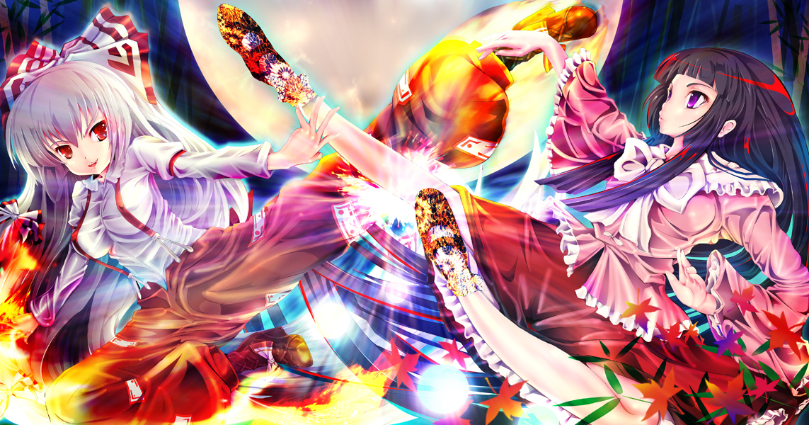 teruru, fujiwara no mokou, houraisan kaguya, hokuto no ken, touhou, 2girls, battle, female focus, kicking, multiple girls, purple eyes