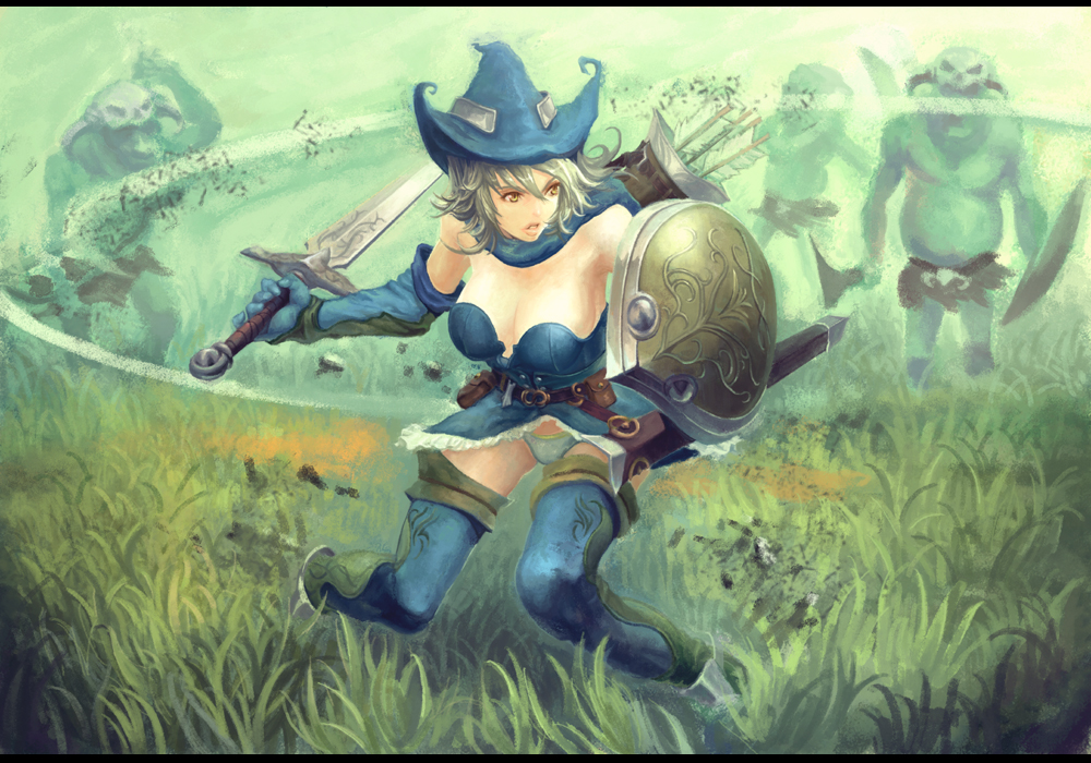 yansun, jill (yansun), the elder scrolls, the elder scrolls iv: oblivion, 1girl, battle, breasts, cleavage, fantasy, female focus, goblin, grass, hat, large breasts, letterboxed, monster, panties, quiver, shield, solo, sword, thighhighs, underwear, weapon, witch hat