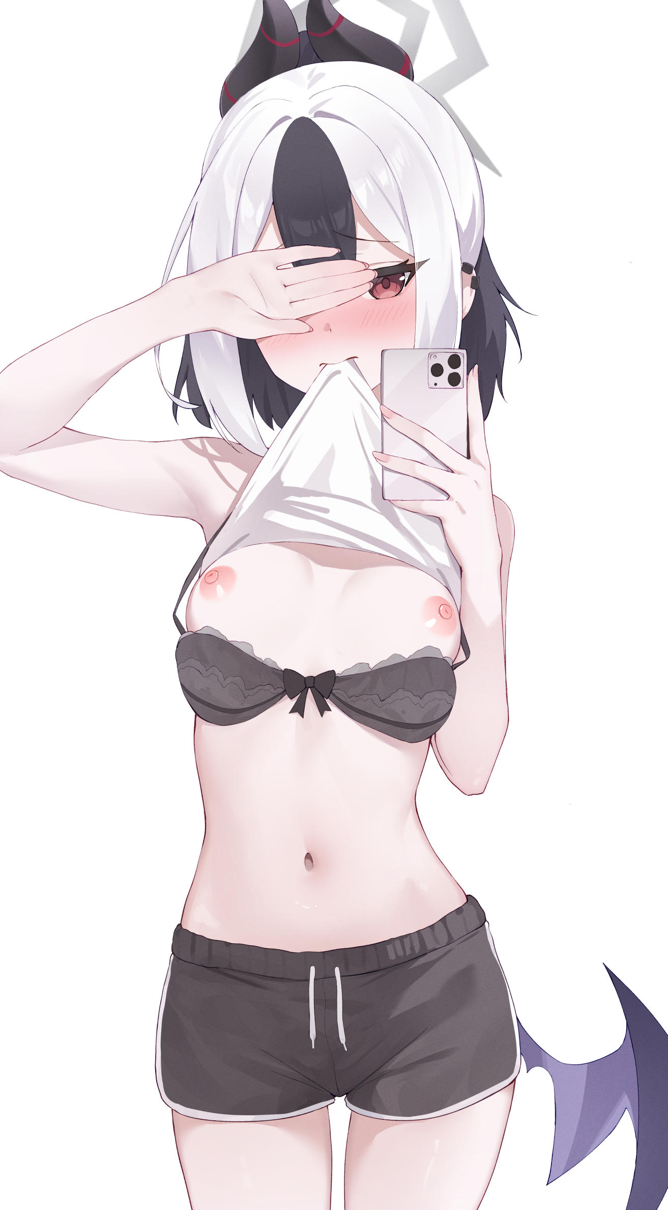bitseon, kayoko (blue archive), blue archive, highres, 1girl, black bra, black hair, bow, bow bra, bra, bra pull, breasts, cellphone, clothes pull, grey halo, halo, holding, holding phone, lifting own clothes, medium breasts, multicolored hair, nipples, phone, red eyes, selfie, solo, two-tone hair, underwear