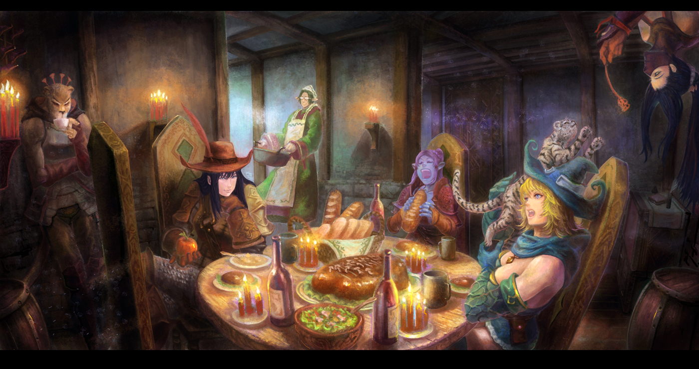 yansun, jill (yansun), the elder scrolls, the elder scrolls iv: oblivion, 1boy, 5girls, eating, fantasy, feast, feathers, food, letterboxed, maid, multiple girls, table, upside-down