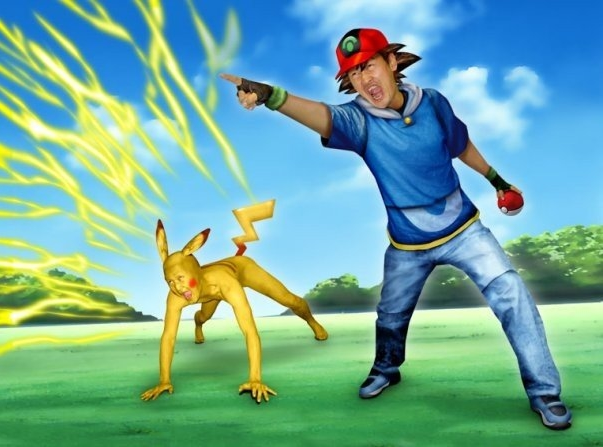ash ketchum, pikachu, nintendo, pokemon, pokemon (anime), artist request, third-party edit, 1boy, animal ears, child, cosplay, electricity, field, fingerless gloves, gen 1 pokemon, gloves, hat, lightning, man face, open mouth, parody, pointing, poke ball, realistic, tail, what