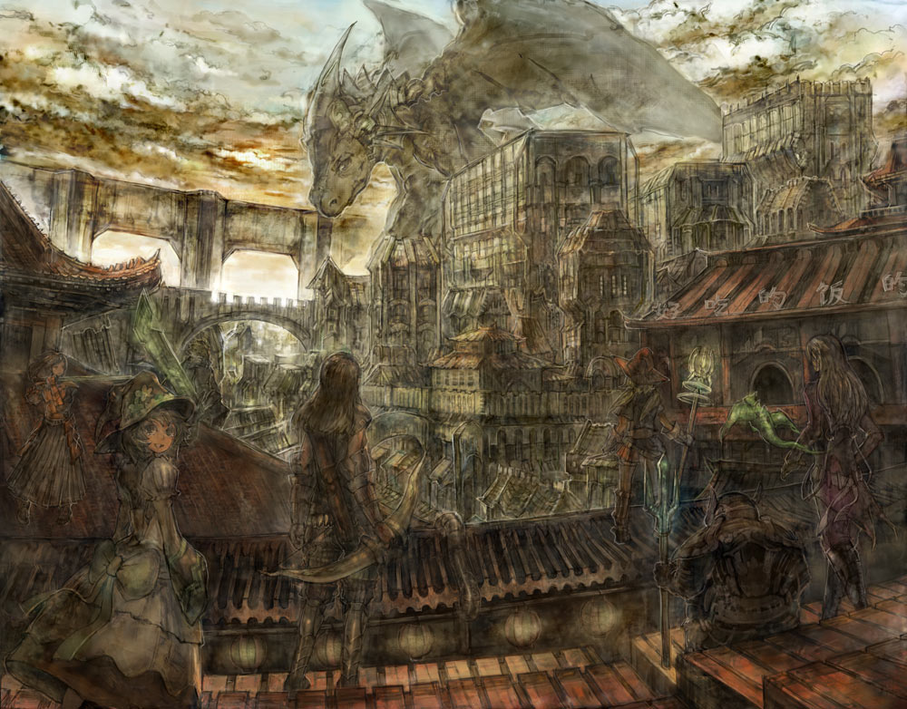 toyo, bad id, bad pixiv id, 3boys, 3girls, arch, bridge, city, dragon, hat, multiple boys, multiple girls, witch, witch hat