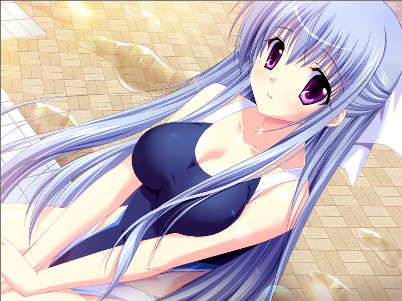 choco chip, onoshima kusumi, atelier kaguya, prima stella, game cg, non-web source, 1girl, blue hair, competition swimsuit, dutch angle, female focus, long hair, one-piece swimsuit, purple eyes, solo, swimsuit