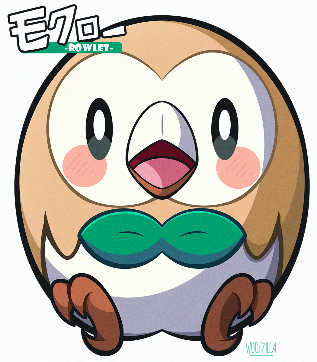 woofzilla, rowlet, nintendo, pokemon, highres, translation request, animal focus, bird, black eyes, blush stickers, bright pupils, character name, full body, gen 7 pokemon, looking at viewer, no humans, open mouth, owl, pokemon (creature), signature, simple background, sitting, solo, white background, white pupils
