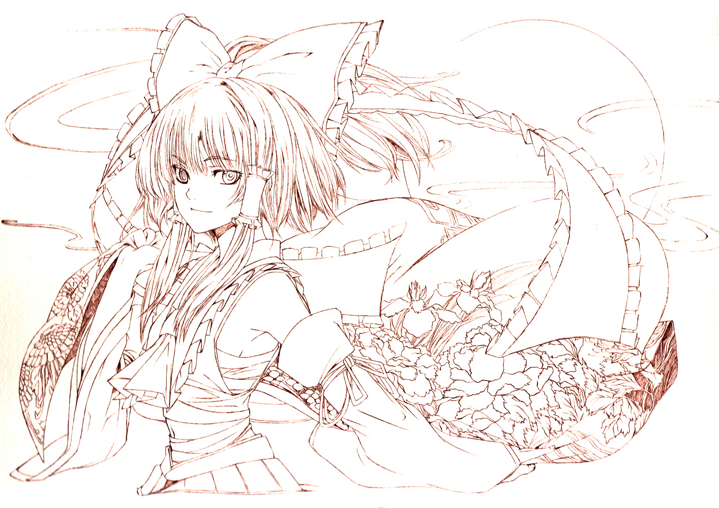 koyomiuta, hakurei reimu, touhou, bad id, bad pixiv id, 1girl, armpits, ascot, bow, detached sleeves, female focus, flower, hair bow, hair tubes, midriff, monochrome, red theme, ribbon, sarashi, short hair, solo, wide sleeves