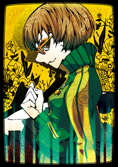 imatomo mahya, satonaka chie, atlus, persona, persona 4, framed, brown eyes, brown hair, buttons, clenched hand, flower, from side, glasses, jacket, profile, short hair, sitting, skirt, smile, solo, yellow-framed eyewear