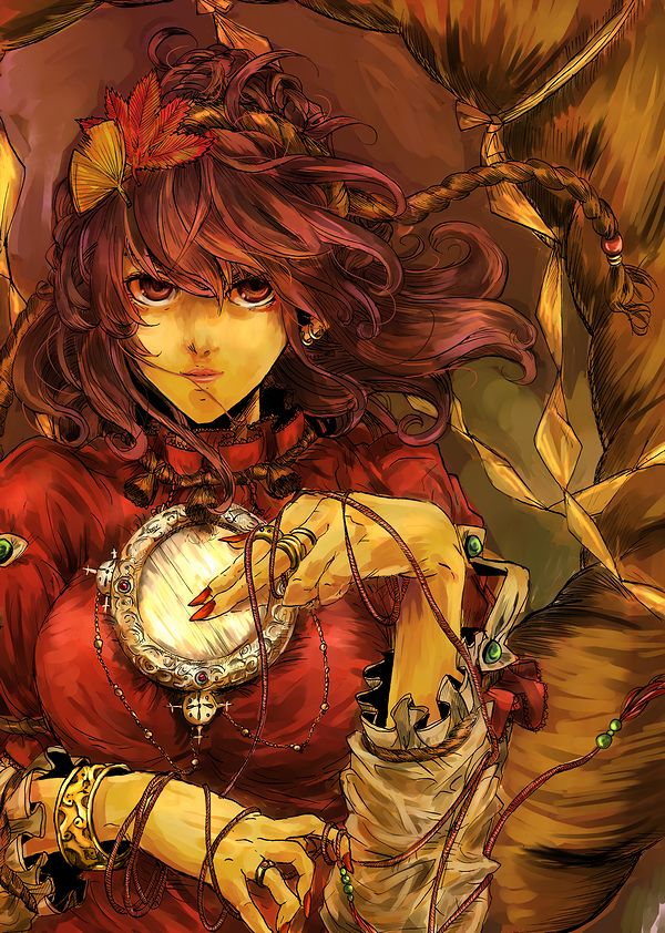 fuji warabi, yasaka kanako, touhou, bad id, bad pixiv id, 1girl, female focus, leaf, mirror, purple hair, rope, solo, upper body, yasaka kanakorioe