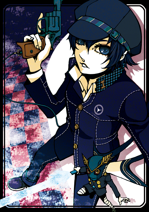 imatomo mahya, shirogane naoto, sukuna hikona, atlus, persona, persona 4, 1girl, androgynous, blue eyes, blue hair, female focus, gun, handgun, hat, matching hair/eyes, newsboy cap, pistol, reverse trap, revolver, school uniform, short hair, solo, weapon