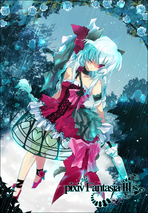 ichiyou moka, pixiv fantasia, pixiv fantasia 3, bad id, bad pixiv id, akatsuhara empire, armband, bare shoulders, blue flower, blue hair, blue rose, bow, braid, choker, dress, flower, frills, hair ribbon, high heels, lace, one eye closed, pink eyes, pink shoes, purple eyes, rain, ribbon, rose, see-through clothes, shoes, solo, twin braids, umbrella, white hair, wink