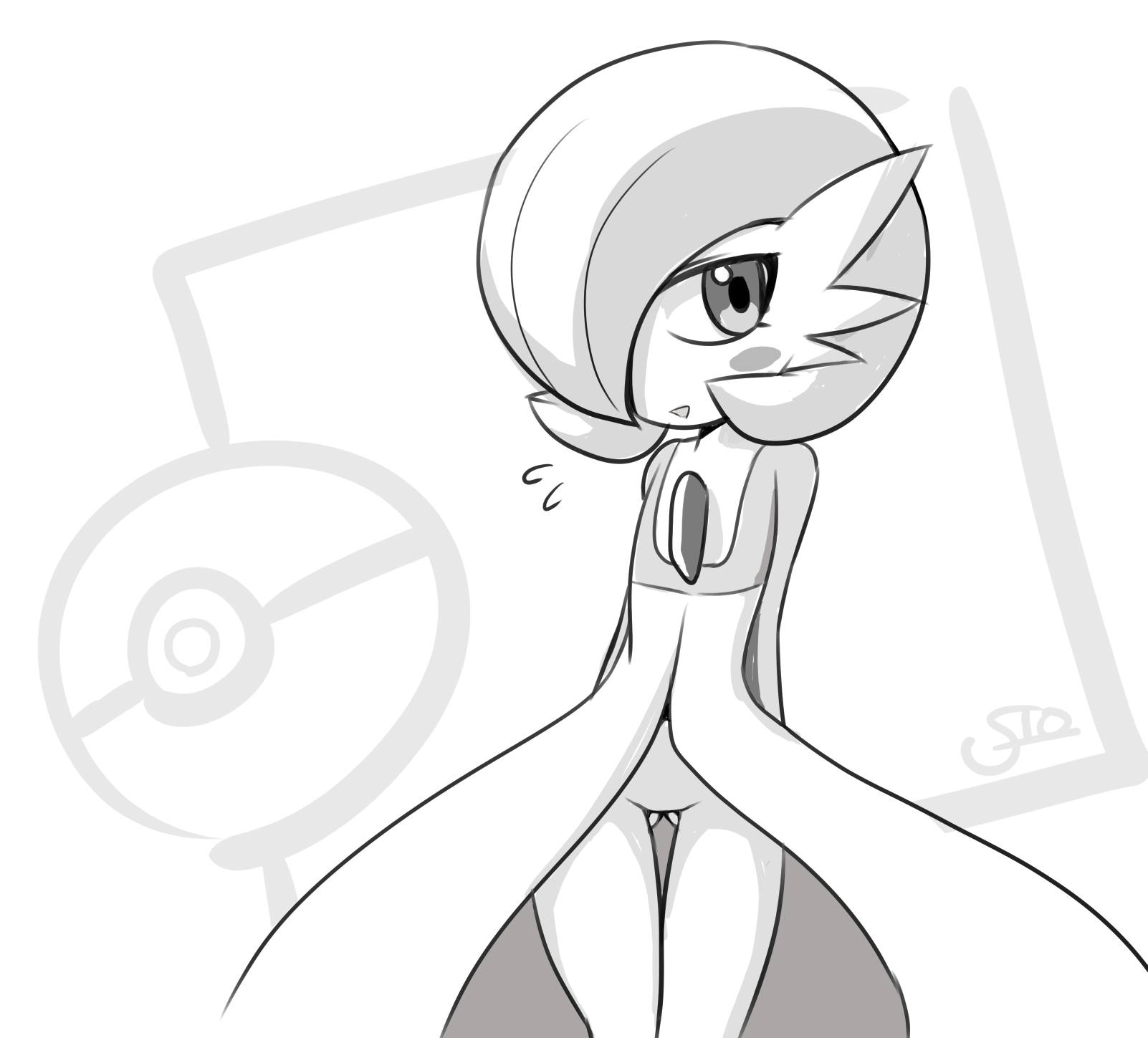 osturn, gardevoir, nintendo, pokemon, highres, 1girl, arms behind back, artist name, blush, blush stickers, bob cut, cowboy shot, female focus, flat chest, flying sweatdrops, gen 3 pokemon, gluteal fold, greyscale, hair over one eye, happy, looking afar, monochrome, no pussy, one eye covered, open mouth, pokemon (creature), short hair, signature, smile, solo, standing, thigh gap, thighs, white background