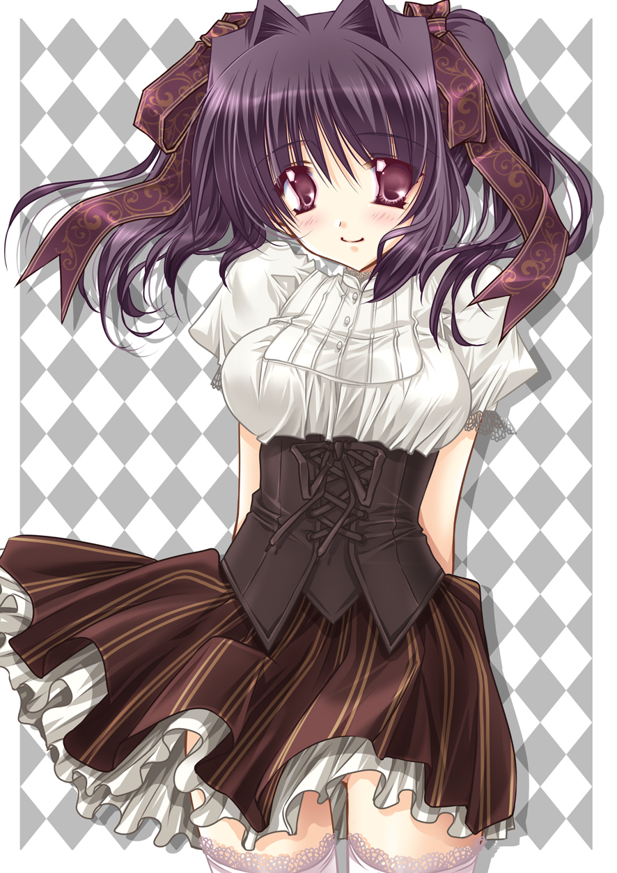 ryuuga shou, original, highres, 1girl, blush, breasts, corset, female focus, large breasts, purple eyes, purple hair, ribbon, skirt, smile, solo, thighhighs, twintails, zettai ryouiki