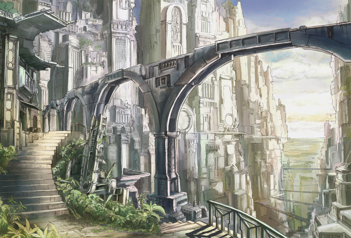 k kanehira, kanehira, bad id, bad pixiv id, arch, bridge, building, city, cloud, day, no humans, ruins, scenery, sky, stairs