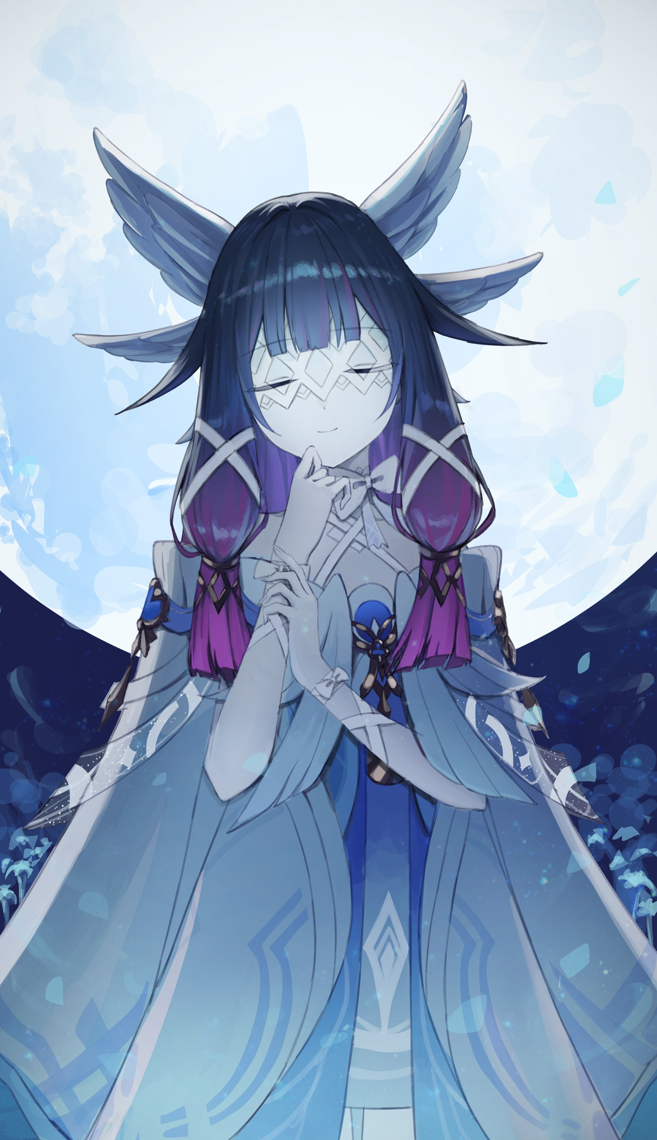 tont27, columbina (genshin impact), genshin impact, absurdres, highres, 1girl, black hair, blunt bangs, choker, closed eyes, closed mouth, dress, feathered wings, hair ribbon, head wings, long hair, moon, multicolored hair, multiple wings, pink hair, ribbon, sidelocks, smile, solo, very long hair, white choker, white dress, white mask, white ribbon, wings