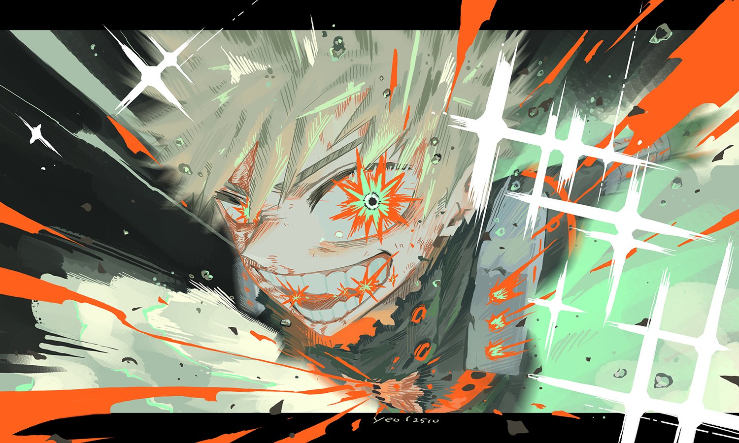 yeol2510, bakugou katsuki, boku no hero academia, 1boy, black shirt, blonde hair, explosive, injury, looking at viewer, shirt, sparkle, sparks, superhero costume, teeth