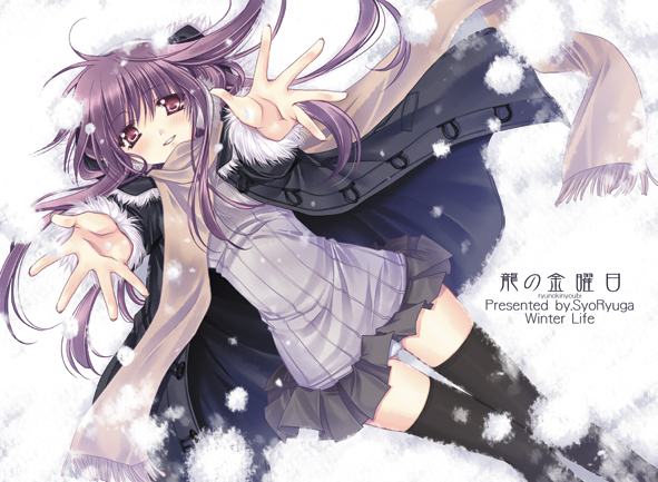 ryuuga shou, 1girl, arms up, black thighhighs, coat, female focus, long hair, lying, miniskirt, panties, pantyshot, purple eyes, purple hair, scarf, skirt, smile, snow, solo, thighhighs, underwear, zettai ryouiki