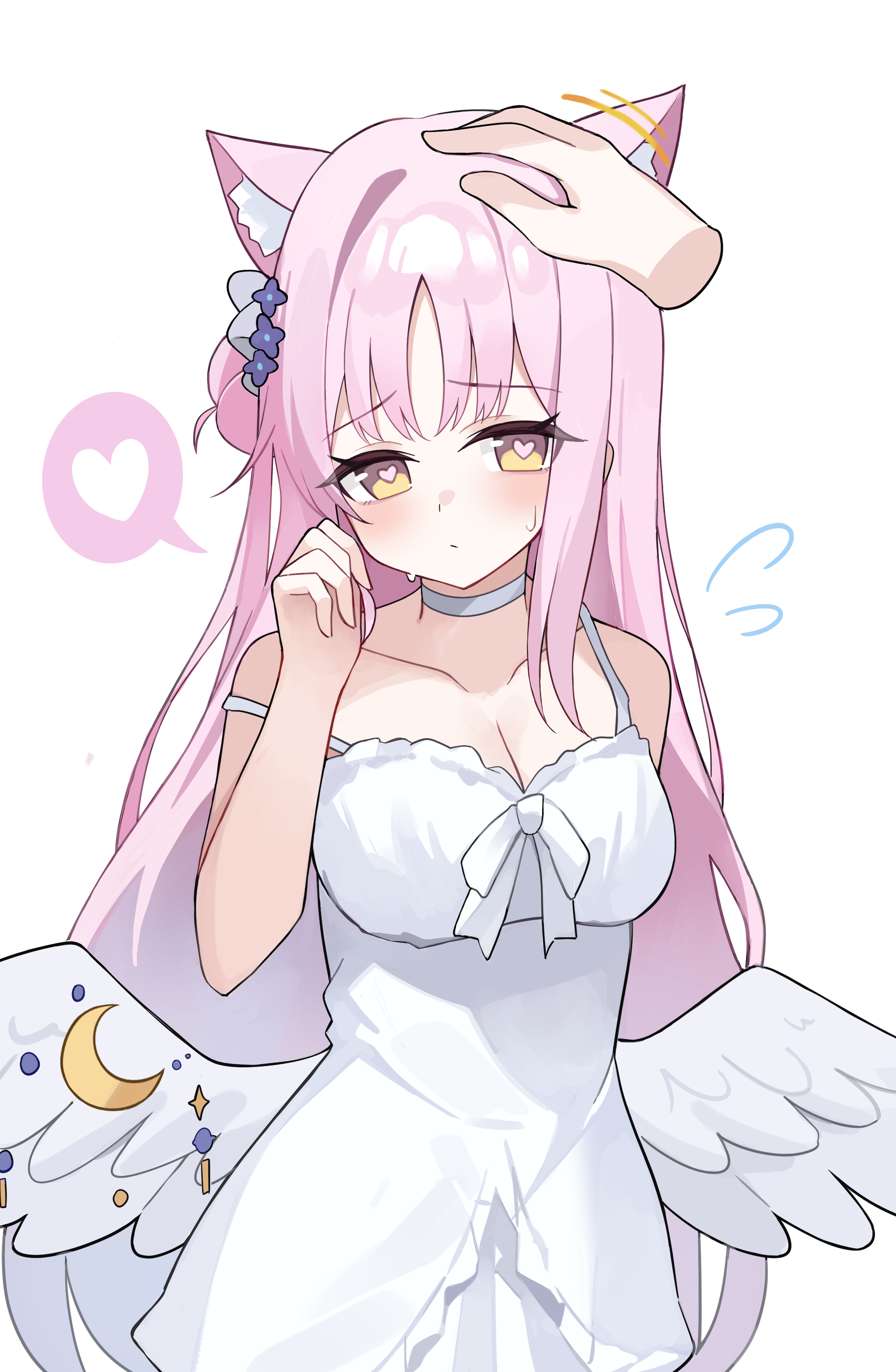 muki c, mika (blue archive), blue archive, absurdres, commentary request, highres, 1girl, animal ear fluff, animal ears, bare shoulders, blush, breasts, cat ears, choker, cleavage, closed mouth, collarbone, disembodied hand, dress, feathered wings, hand up, headpat, heart, heart-shaped pupils, kemonomimi mode, long hair, looking at viewer, low wings, medium breasts, pink hair, simple background, sleeveless, sleeveless dress, solo focus, spoken heart, strap slip, symbol-shaped pupils, very long hair, white background, white choker, white dress, white wings, wings, yellow eyes
