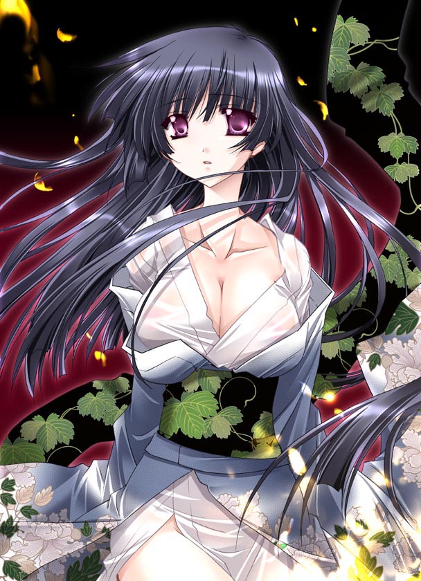 ryuuga shou, original, blue hair, breasts, cleavage, floral print, flower, japanese clothes, kimono, large breasts, long hair, purple eyes, sitting, solo, wind, yukata