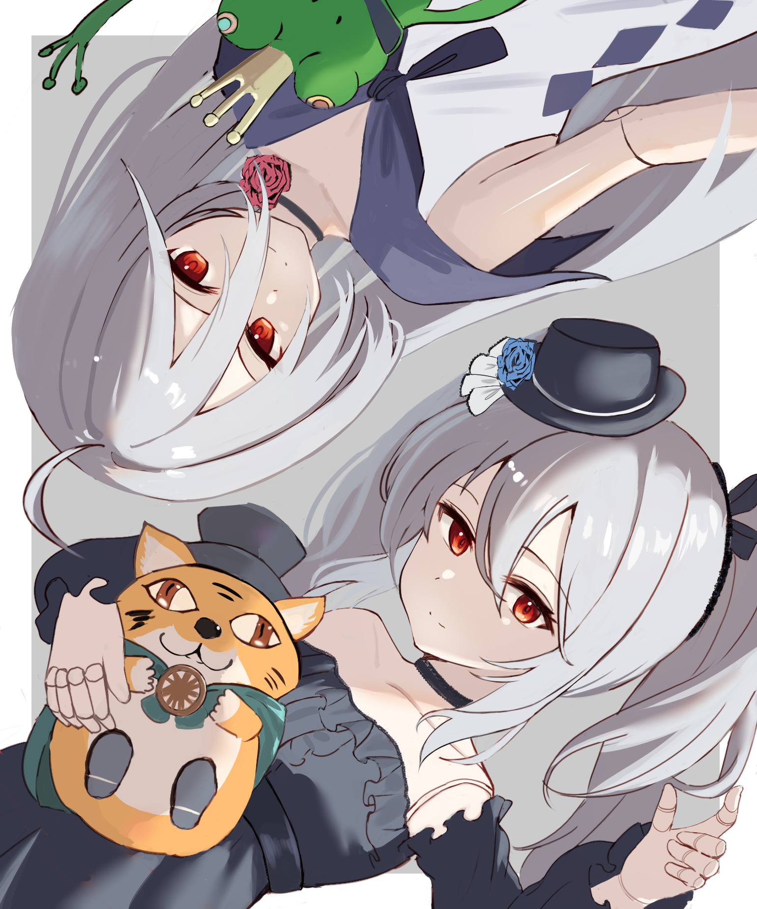 migsy, orchis, zwei (shingeki no bahamut), shadowverse, shadowverse: worlds beyond, commentary request, highres, 2girls, ahoge, bare shoulders, black choker, black dress, black hat, black sleeves, choker, detached sleeves, doll joints, dress, grey hair, grey shirt, greyscale, hair between eyes, hat, joints, long hair, long sleeves, looking at viewer, mini hat, mini top hat, monochrome, multiple girls, off-shoulder dress, off shoulder, red eyes, shirt, sleeveless, sleeveless shirt, top hat, twintails