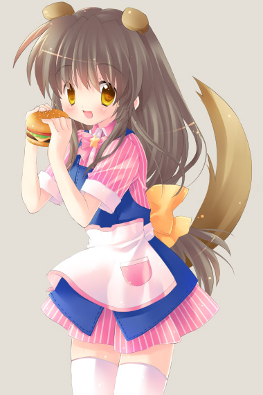 airmi, ibuki fuuko, clannad, bad id, bad pixiv id, 00s, animal ears, brown eyes, brown hair, burger, dog ears, dog tail, food, long hair, solo, tail, thighhighs, waitress, zettai ryouiki