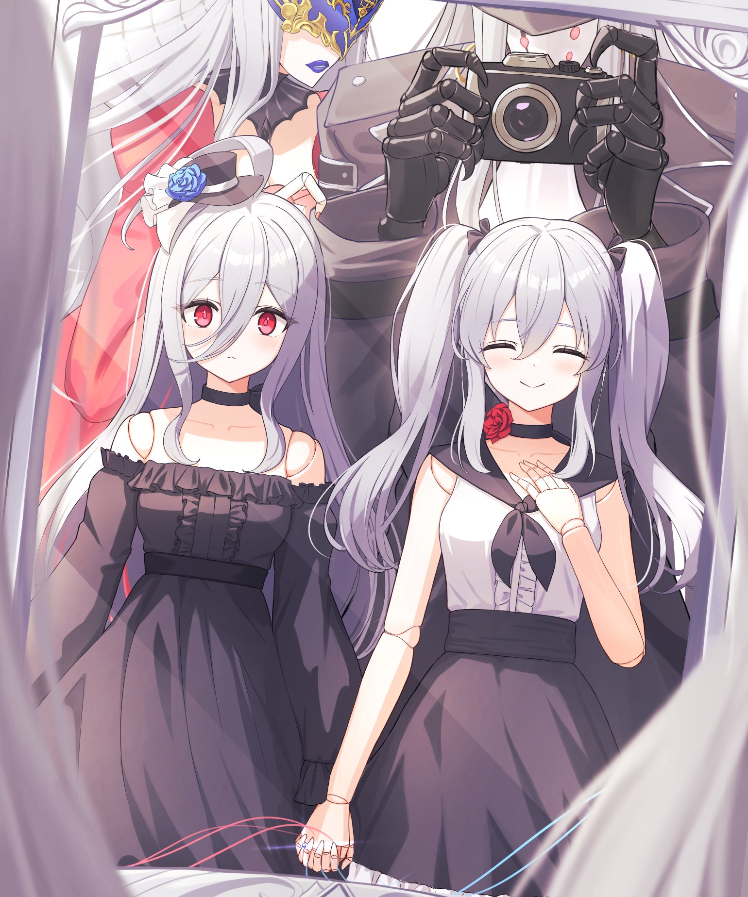 mizuhi kou, lloyd (granblue fantasy), orchis, victoria (shadowverse), zwei (shingeki no bahamut), shadowverse, shadowverse: worlds beyond, commentary request, highres, ahoge, bare shoulders, black choker, black dress, black hat, black skirt, black sleeves, blue flower, camera, choker, closed eyes, cosplay, costume switch, detached sleeves, doll joints, dress, flower, grey hair, greyscale, hat, high-waist skirt, holding, holding camera, holding hands, joints, long hair, long sleeves, looking at viewer, mini hat, mini top hat, mirror, monochrome, off-shoulder dress, off shoulder, open mouth, red eyes, red flower, reflection, shirt, skirt, sleeveless, sleeveless shirt, smile, top hat, twintails, v, white shirt