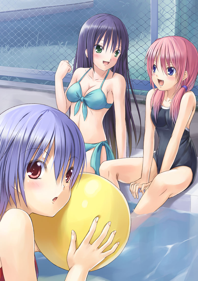 tenkuu nozora, original, bad id, bad pixiv id, 3girls, aqua bikini, ball, beachball, bikini, black hair, blue eyes, blue hair, breasts, chain-link fence, cleavage, competition school swimsuit, fang, fence, grass, green eyes, long hair, multiple girls, one-piece swimsuit, outdoors, pink hair, pool, poolside, red eyes, school swimsuit, short hair, side-tie bikini bottom, sitting, soaking feet, swimsuit, twintails, water
