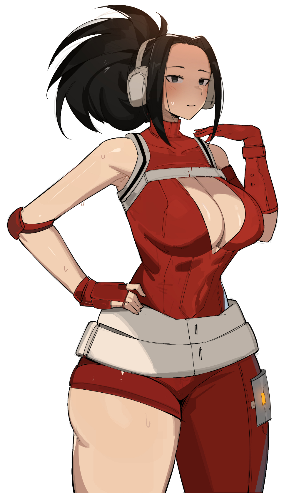 dr octojuice, yaoyorozu momo, boku no hero academia, highres, 1girl, alternate costume, black hair, breasts, cleavage, curvy, fingerless gloves, gloves, large breasts, red shirt, shirt, sweat, sweatdrop, thick thighs, thighs