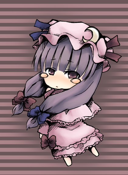 dancho (dancyo), skull.03, patchouli knowledge, touhou, bad id, bad pixiv id, 1girl, chibi, crescent, female focus, hair ribbon, hat, long hair, purple eyes, purple hair, ribbon, solo