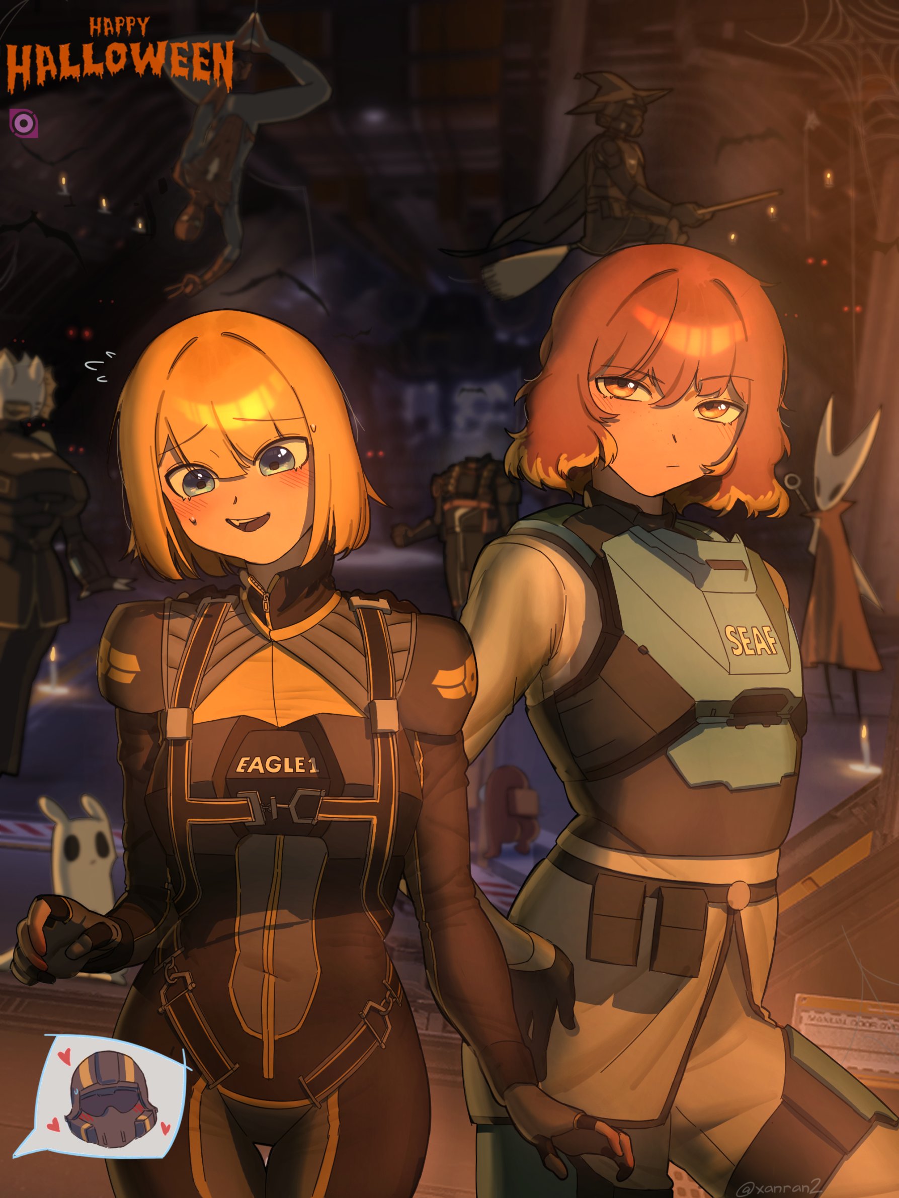 xanran, eagle 1 (helldivers), hornet (hollow knight), seaf soldier (helldivers), spider-man, among us, helldivers (series), hollow knight, marvel, spider-man (series), highres, 3girls, armor, blonde hair, blush, broom, broom riding, colored bangs, hair between eyes, hand on own hip, happy halloween, looking at viewer, medium hair, multiple girls, open mouth, orange eyes, orange hair, teeth, upper teeth only, v