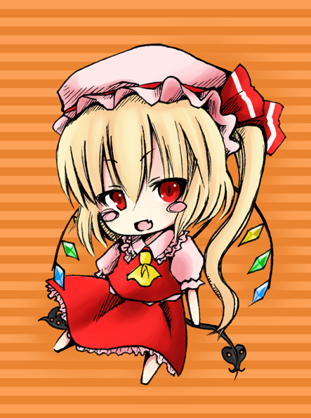 dancho (dancyo), skull.03, flandre scarlet, touhou, bad id, bad pixiv id, 1girl, blonde hair, blouse, chibi, collared shirt, female focus, hat, mob cap, orange background, pink hat, pink shirt, red eyes, shirt, short hair, simple background, solo, wings