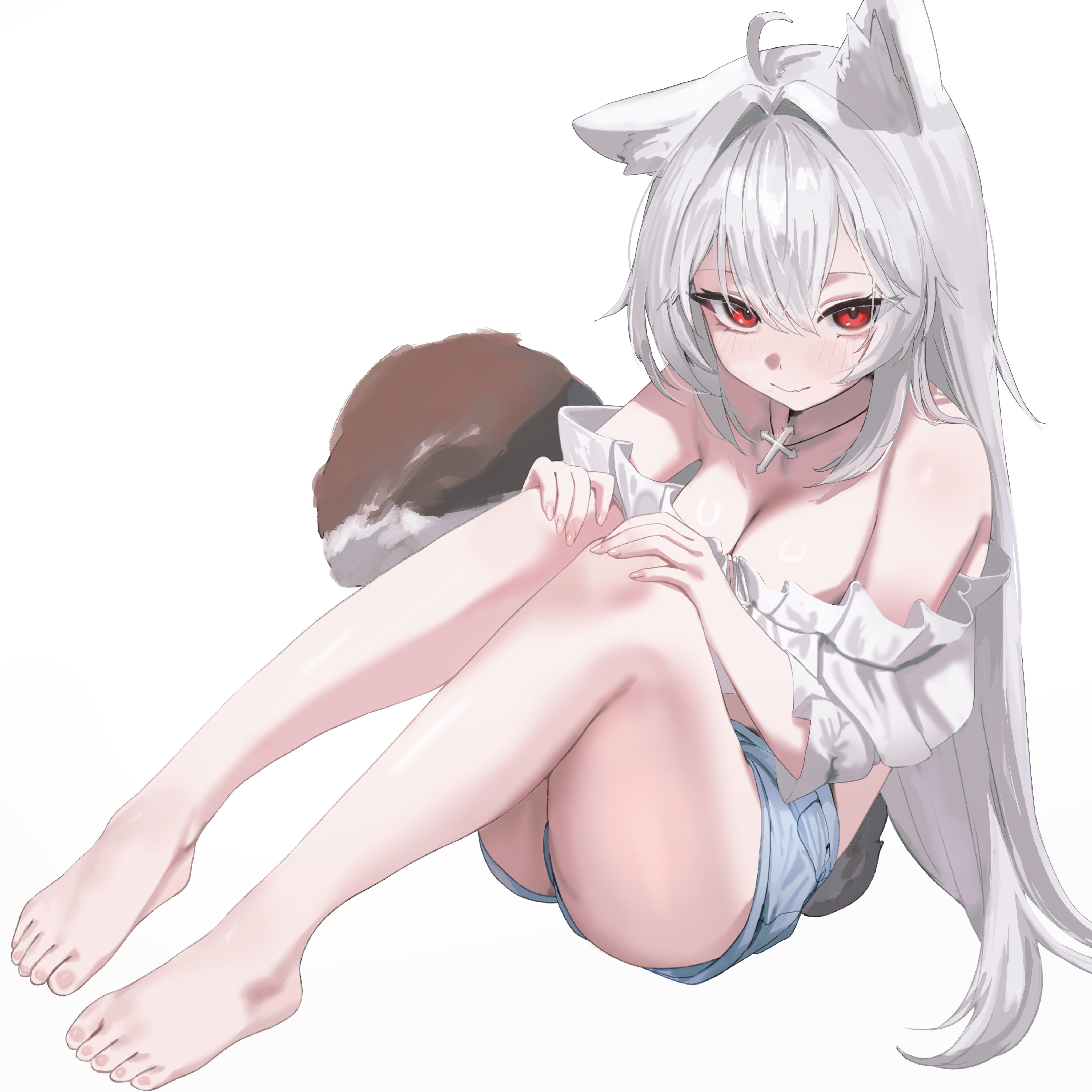 krabking, original, absurdres, highres, 1girl, ahoge, animal ear fluff, animal ears, bare shoulders, barefoot, blue shorts, blush, breasts, cleavage, closed mouth, cropped shirt, cross, cross necklace, fingernails, frilled shirt, frills, full body, hair between eyes, jewelry, large breasts, legs, long hair, looking at viewer, necklace, red eyes, shirt, short shorts, short sleeves, shorts, sidelocks, simple background, sitting, solo, tail, thighs, white background, white hair, white shirt