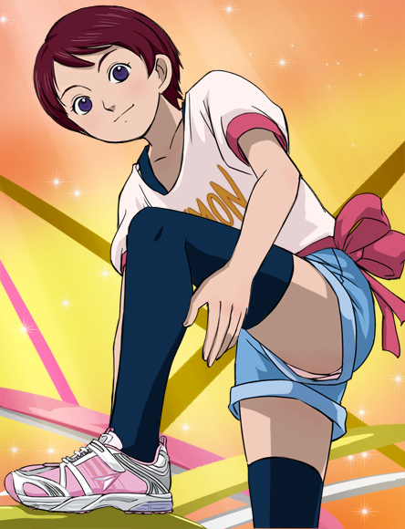 haruyama kazunori, aoi (shunsoku lemon-pie), shunsoku lemon-pie, 1girl, commercial, female focus, panties, pantyshot, purple eyes, red hair, ribbon, running shoes, shoes, short hair, shorts, sneakers, solo, thighhighs, underwear, upshorts