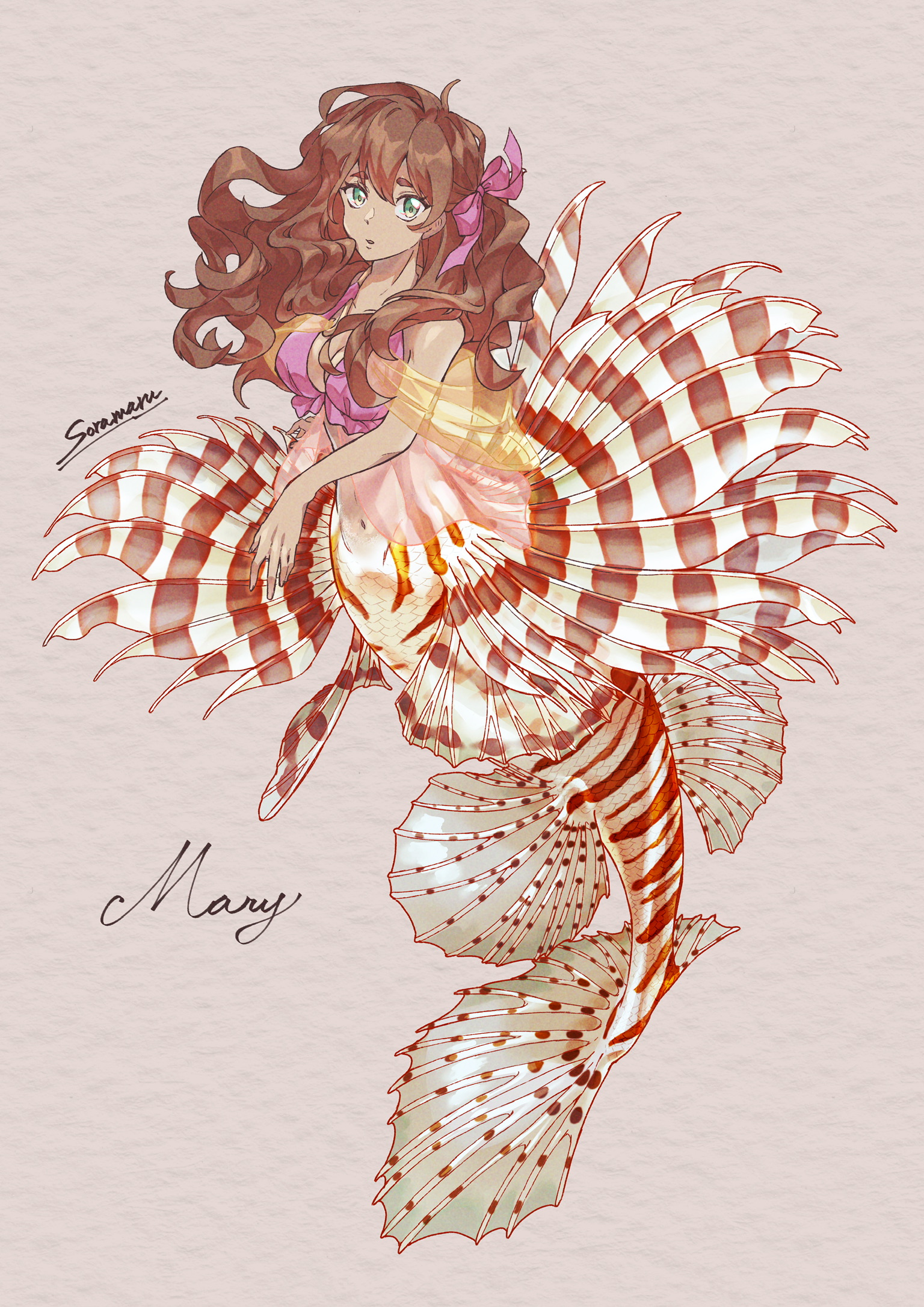 soramaru ell, original, pink top, commentary request, commission, highres, vgen commission, 1girl, breasts, brown hair, character name, cleavage, green eyes, groin, hair ribbon, long hair, looking at viewer, medium breasts, mermaid, monster girl, navel, paper texture, pink ribbon, ribbon, shawl, signature, solo, spines, thick eyebrows, two-tone tail, yellow shawl