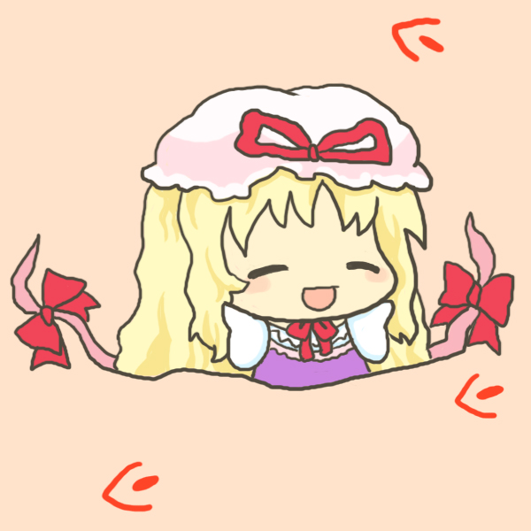 rias-shiki kawaii, yakumo yukari, touhou, bad id, bad pixiv id, 1girl, ^ ^, blonde hair, chibi, closed eyes, female focus, gap (touhou), hat, long hair, simple background, solo, upper body