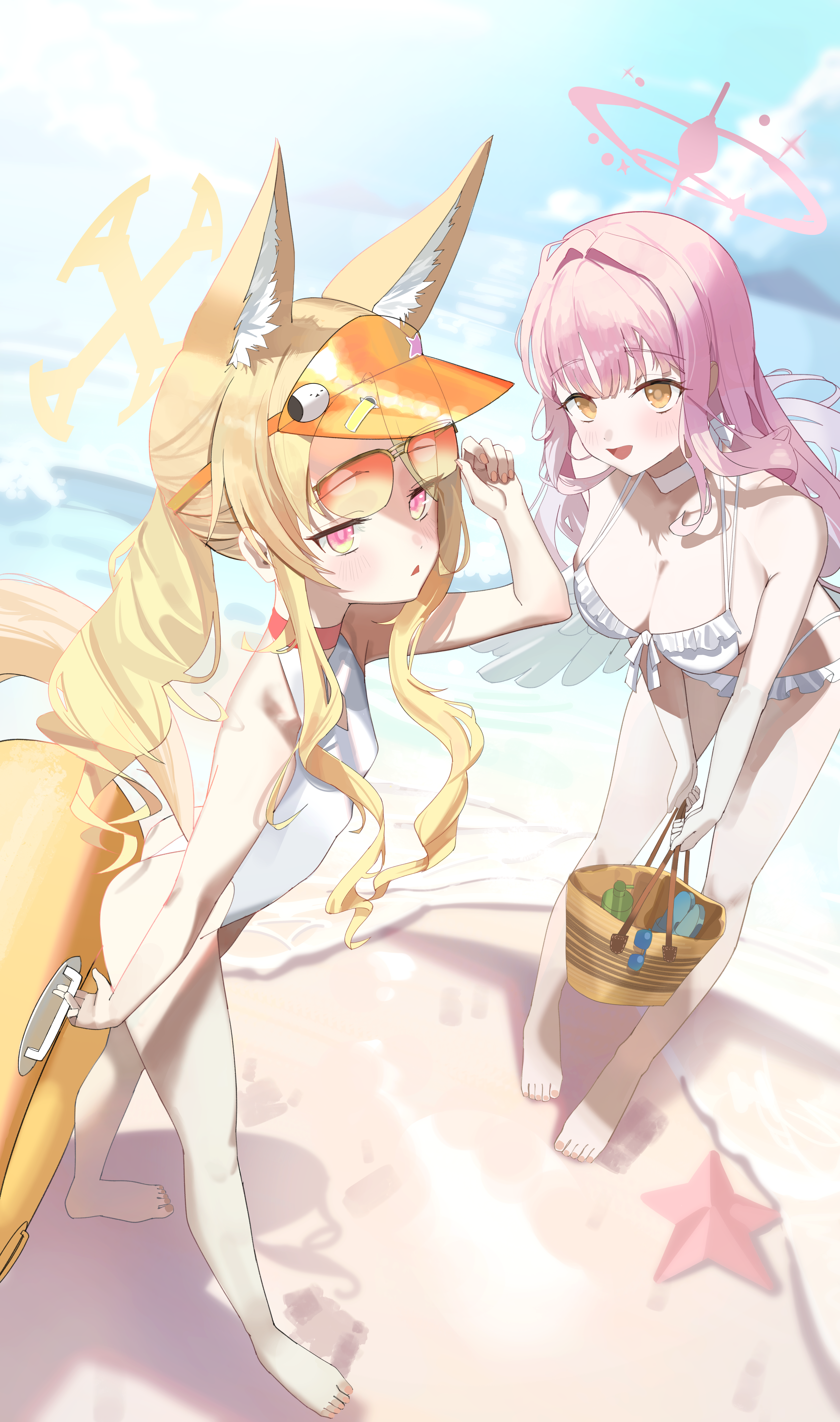 siopon12, mika (blue archive), mika (swimsuit) (blue archive), seia (blue archive), seia (swimsuit) (blue archive), blue archive, absurdres, highres, 2girls, angel wings, animal ear fluff, animal ears, bag, bare arms, beach, bikini, blonde hair, blush, breasts, choker, cleavage, feathered wings, fox ears, fox girl, frilled bikini, frills, halo, holding, holding bag, long hair, looking at viewer, low wings, medium breasts, multiple girls, official alternate costume, official alternate hairstyle, one-piece swimsuit, open mouth, pink eyes, pink hair, pink halo, small breasts, smile, starfish, sunglasses, swimsuit, very long hair, visor cap, white bikini, white choker, white one-piece swimsuit, white wings, wings, yellow eyes, yellow halo