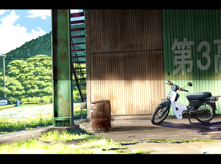 inumaru (sougen no marogoya), original, vehicle, bad id, bad pixiv id, building, honda cub, letterboxed, motor vehicle, motorcycle, mountain, no humans, scenery, tree