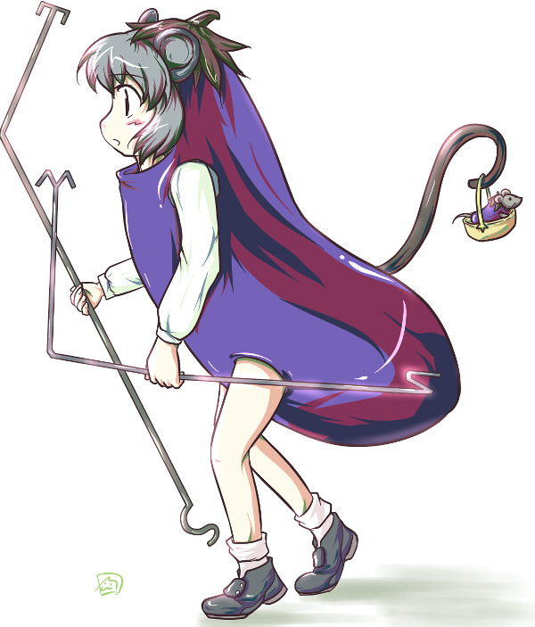 merri, nazrin, touhou, 1girl, animal ears, basket, cosplay, dowsing rod, eggplant, female focus, food as clothes, grey hair, kigurumi, mouse (animal), mouse ears, mouse tail, solo, standing, tail, what, white background