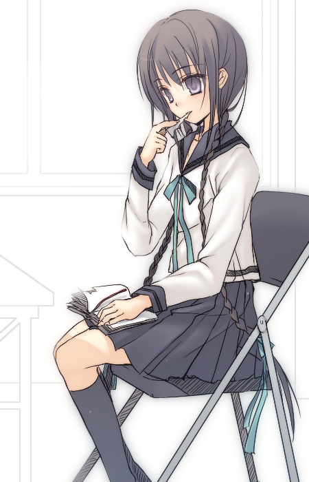 mee (pixiv61701), mexe, amano tohko, amano tooko, bungaku shoujo, 00s, 1girl, black hair, book, braid, chair, female focus, kneehighs, long hair, purple eyes, school uniform, serafuku, sitting, socks, solo, twin braids
