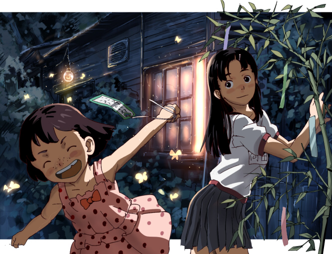 inumaroboya, inumaru (sougen no marogoya), 2girls, black hair, child, freckles, holding, holding tanzaku, house, light bulb, long hair, multiple girls, siblings, sisters, skirt, tanabata, tanzaku