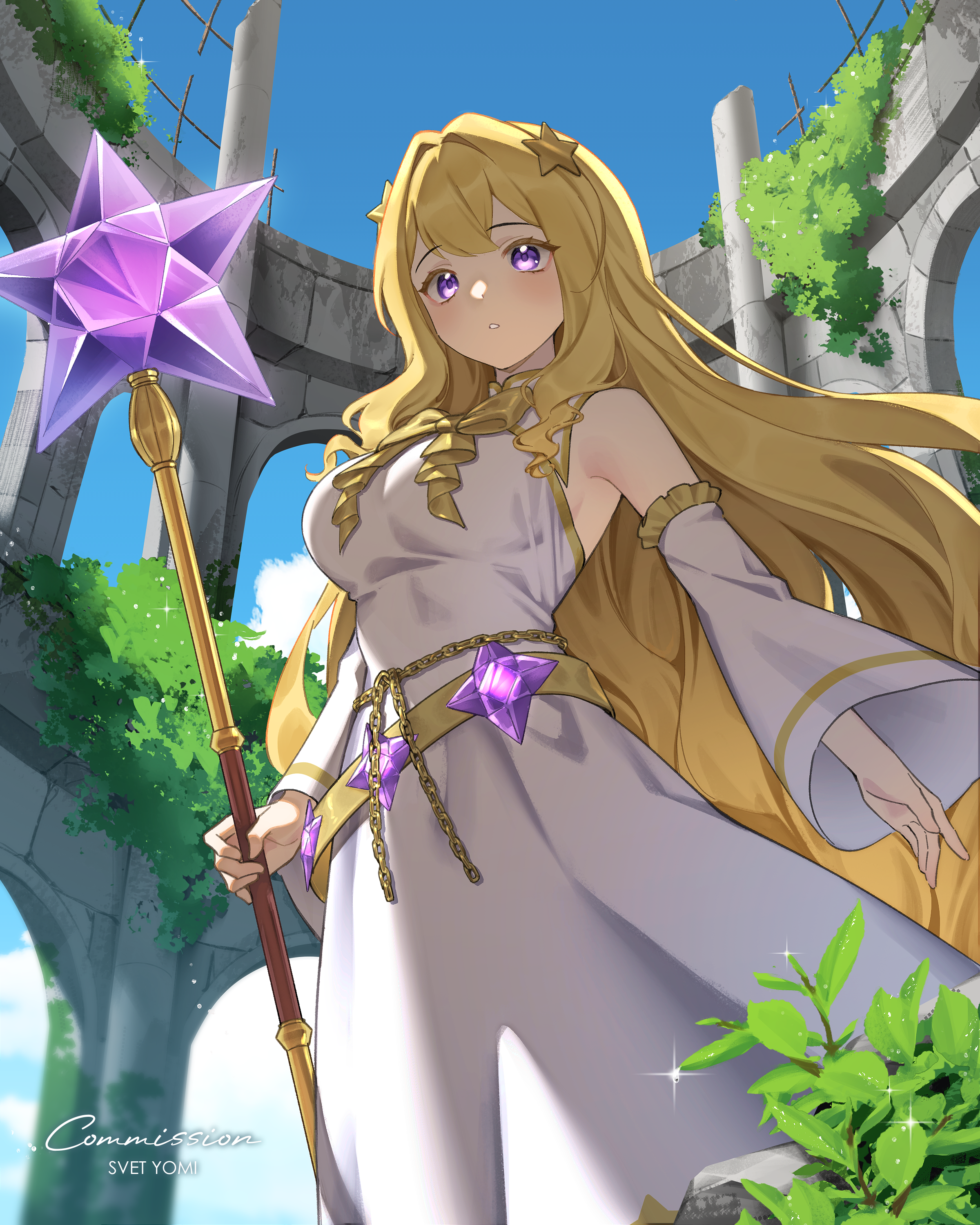 svet yomi, original, absurdres, commentary, english commentary, highres, 1girl, :o, blonde hair, blue sky, borrowed character, breasts, closed mouth, cloud, day, detached sleeves, dress, hair ornament, holding, large breasts, long hair, overgrown, parted lips, purple eyes, sky, sleeveless, sleeveless dress, solo, star (symbol), star hair ornament, very long hair, white dress, white sleeves
