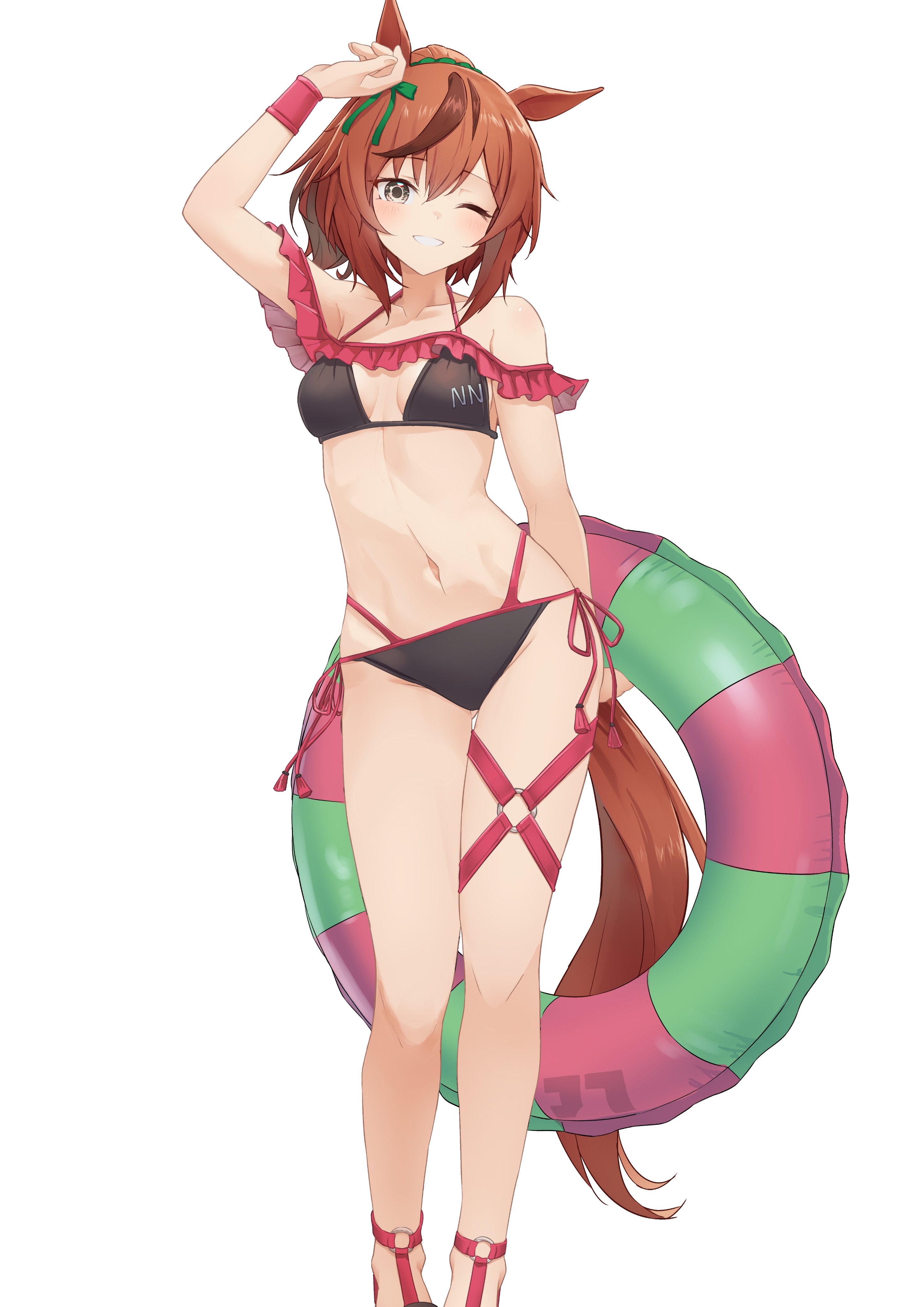 jtleeklm, nice nature (umamusume), umamusume, absurdres, commentary request, highres, 1girl, alternate costume, animal ears, arm up, bikini, black bikini, blush, breasts, brown eyes, brown hair, brown tail, contrapposto, feet out of frame, frilled innertube, frills, halterneck, horse ears, horse girl, horse tail, innertube, long hair, looking at viewer, multi-strapped bikini bottom, multicolored innertube, navel, o-ring, o-ring thigh strap, one eye closed, ponytail, simple background, small breasts, smile, solo, standing, stomach, striped innertube, swim ring, swimsuit, tail, thigh strap, white background