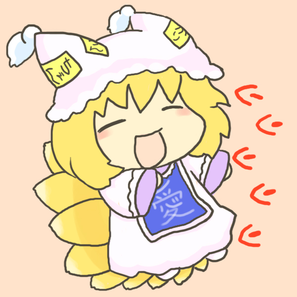 rias-shiki kawaii, yakumo ran, touhou, bad id, bad pixiv id, 1girl, animal hat, blonde hair, chibi, female focus, fox tail, hat, long sleeves, mob cap, multiple tails, pink background, solo, tail, tassel, wide sleeves
