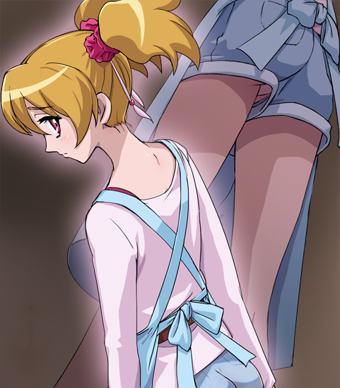 haruyama kazunori, momozono love, fresh precure!, precure, 00s, apron, blonde hair, panties, pantyshot, red eyes, shorts, underwear, upshorts