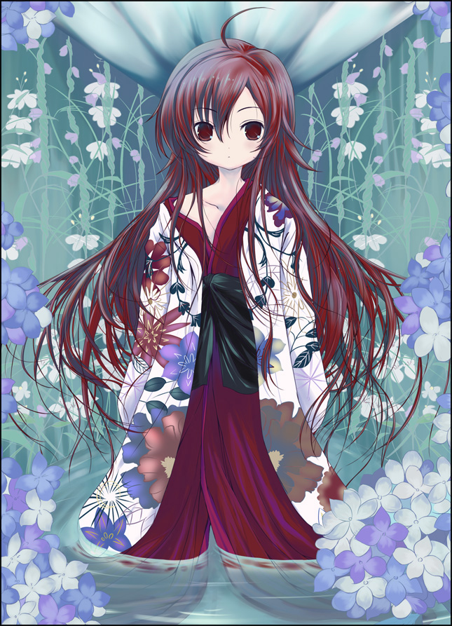 tsuzuri (itosousou), kuhouin murasaki, kure-nai, kurenai, bad id, bad pixiv id, 00s, 1girl, child, female focus, floral print, flower, hydrangea, japanese clothes, kimono, long hair, red eyes, red hair, solo, very long hair, water