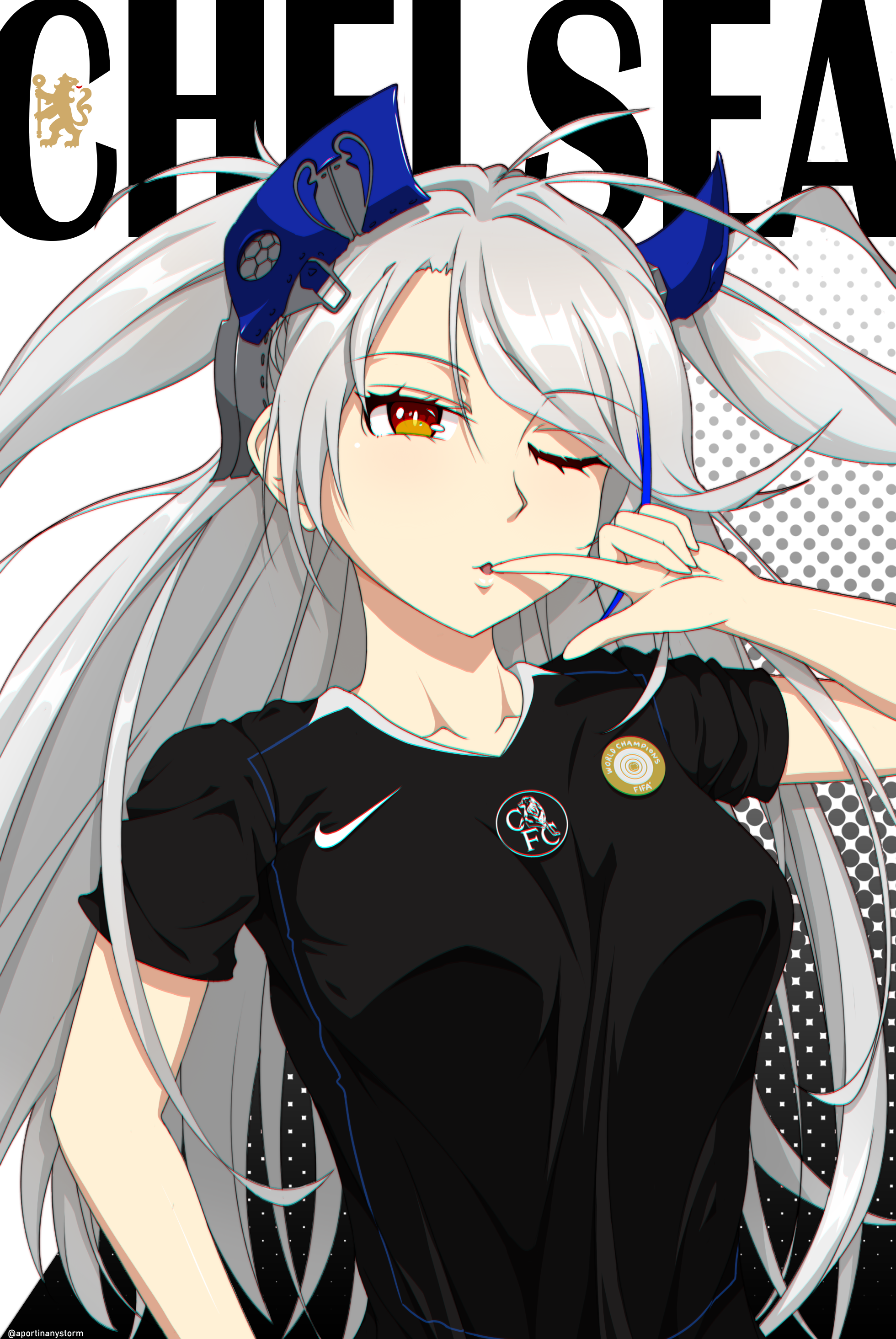 a port in any storm, prinz eugen (azur lane), azur lane, chelsea fc, nike (company), uefa champions league, absurdres, commentary, highres, 1girl, alternate costume, alternate hair color, antenna hair, arm up, black shirt, blue streaks, breasts, brown eyes, collarbone, finger to mouth, hair between eyes, halftone, halftone background, headgear, large breasts, long hair, looking at viewer, multicolored hair, one eye closed, parted lips, shirt, short sleeves, sidelocks, soccer uniform, solo, sportswear, standing, streaked hair, swept bangs, twitter username, two side up, upper body, very long hair, white hair