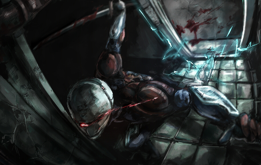 gray fox (metal gear), konami, metal gear (series), metal gear solid, 1boy, blood, cyborg, male focus, ninja, solo, sword, weapon